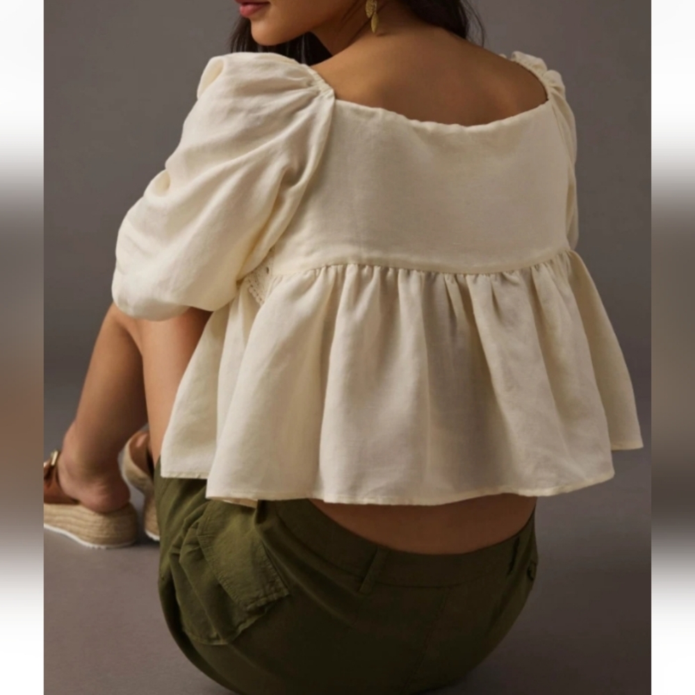 Anthropologie Lace babydoll Top In Cream Linen Blend Cottagecore Prairie - Picture 2 of 11